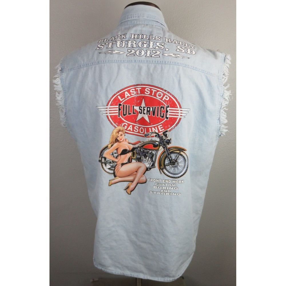 Sturgis Black Hills Biker Design Blue Denim Vest Size L Vintage‎ 2012 Front End